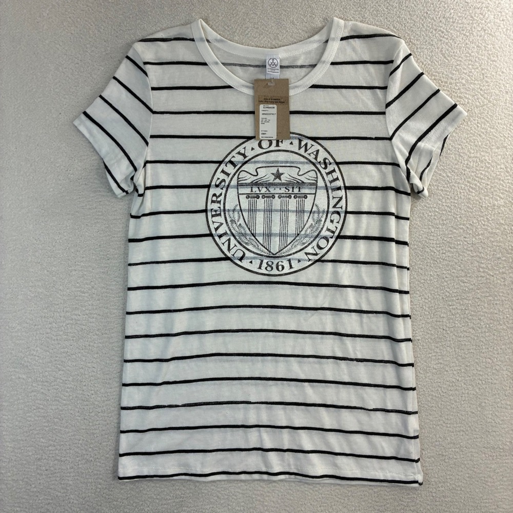 University Washington T Shirt Women M White Striped Collegiate Casual Summer NWT